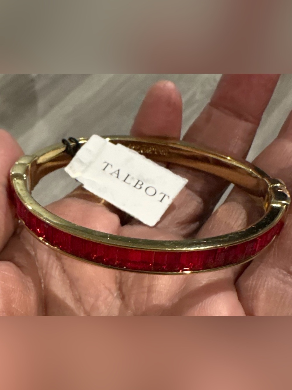 Talbots Red Crystal Hinged Bangle Bracelet Gold Tone Statement-Elegant Glam
